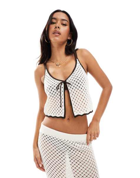 Miss Selfridge knitted tie front cami top beach co ord in ecru - view 1
