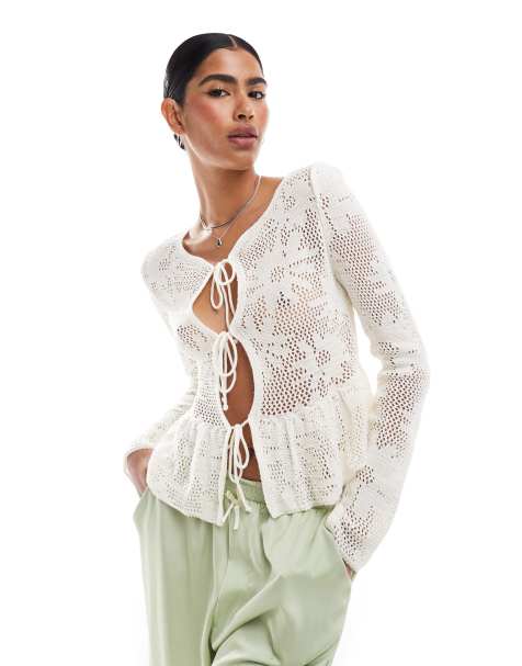 Miss Selfridge knitted tie front peplum top in cream - view 1