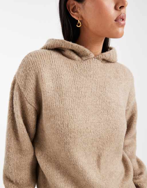 Miss Selfridge knitted tie hooded jumper in beige, 4 of 4