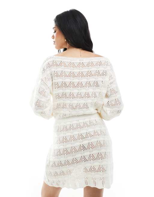 Miss Selfridge knitted tie waist crochet mini dress in cream, 2 of 4