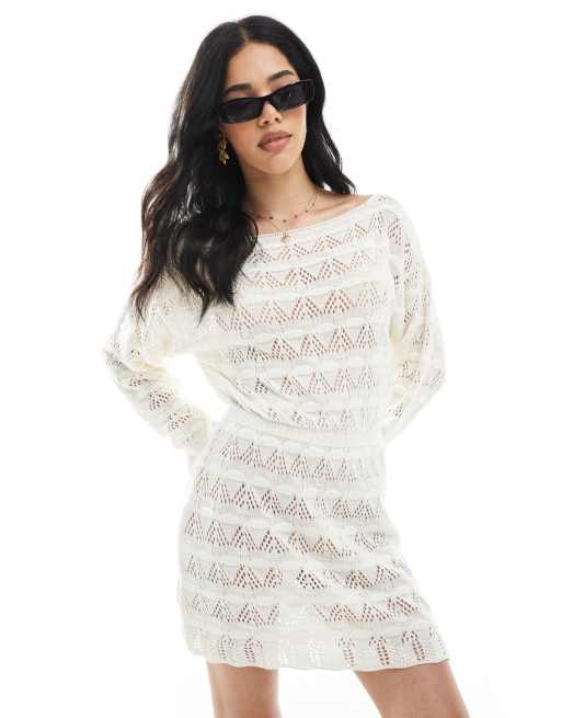 Miss Selfridge knitted tie waist crochet mini dress in cream, 3 of 4