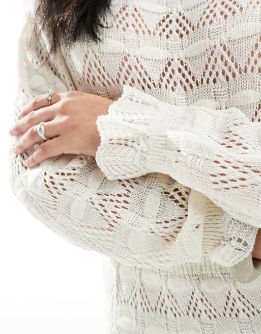 Miss Selfridge knitted tie waist crochet mini dress in cream, 4 of 4