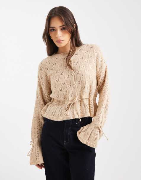 Miss Selfridge knitted tie waist frill cardigan in oatmeal - view 1