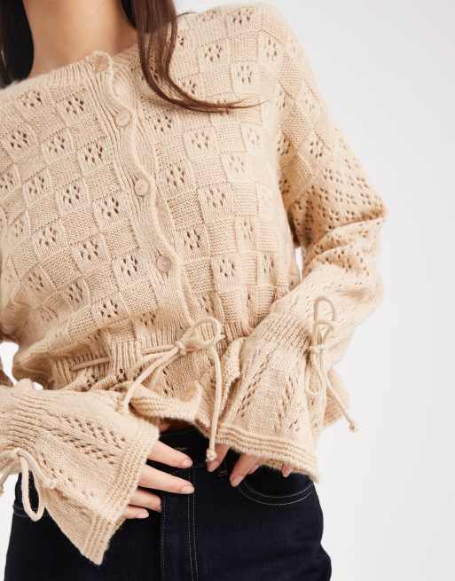 Miss Selfridge knitted tie waist frill cardigan in oatmeal, 2 of 4