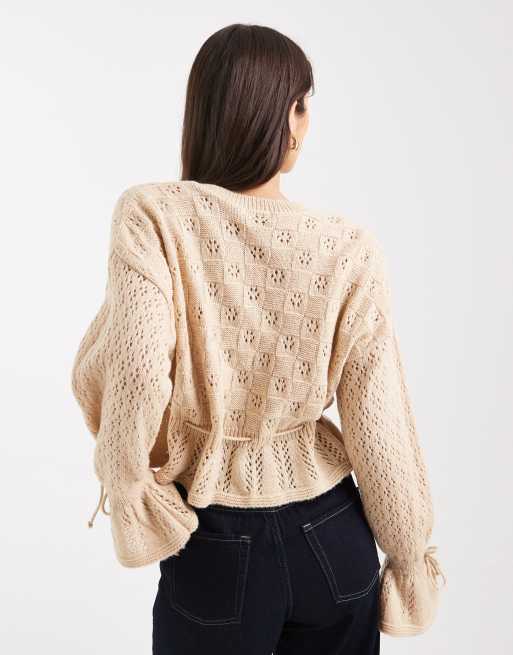 Miss Selfridge knitted tie waist frill cardigan in oatmeal, 4 of 4