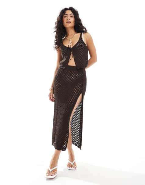Miss Selfridge knitted tie waist maxi skirt beach co ord in chocolate - view 1