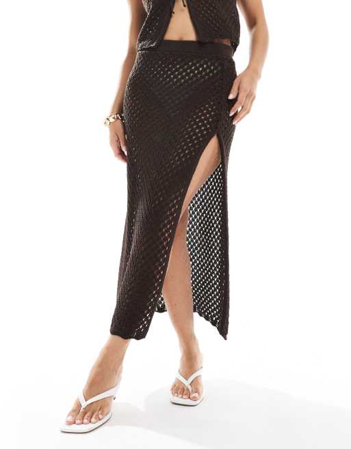 Miss Selfridge knitted tie waist maxi skirt beach co ord in chocolate, 2 of 5