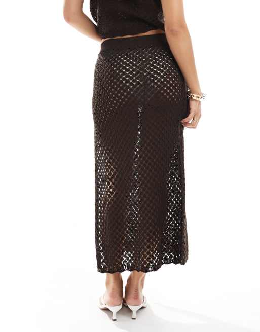 Miss Selfridge knitted tie waist maxi skirt beach co ord in chocolate, 4 of 5