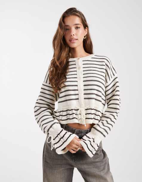 Miss Selfridge knitted tie waist stripe cardigan in buttermilk - view 1