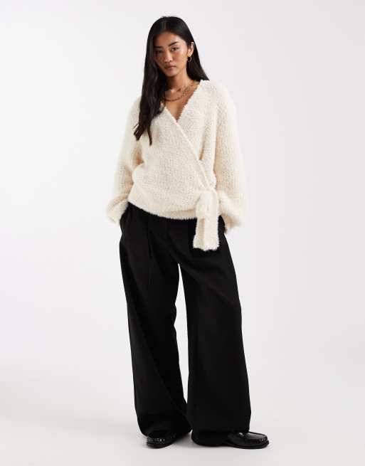Miss Selfridge knitted wrap bow detail jumper in cream, 2 of 4