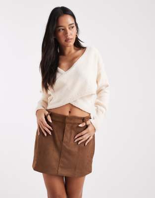 Miss Selfridge Miss Selfridge knitted wrap top in cream-Grey