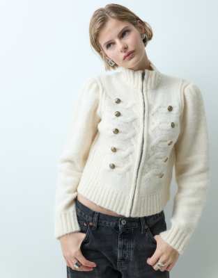 Miss Selfridge Knitted Zip Through Cardigan With Military Detail In White