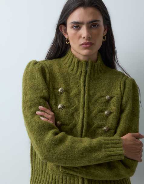 Miss Selfridge knitted zip through cardigan with military detail in olive - view 1