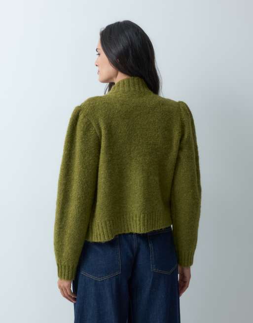 Miss Selfridge knitted zip through cardigan with military detail in olive, 4 of 4