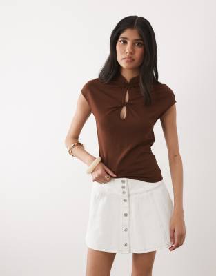 Miss Selfridge Knot Detail Top With Mandarin Collar In Brown