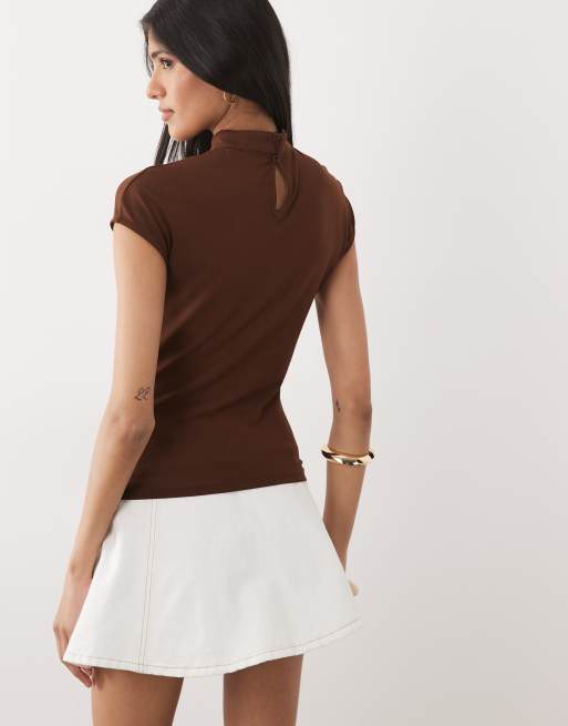Miss Selfridge knot detail top with mandarin collar in chocolate brown, 4 of 4