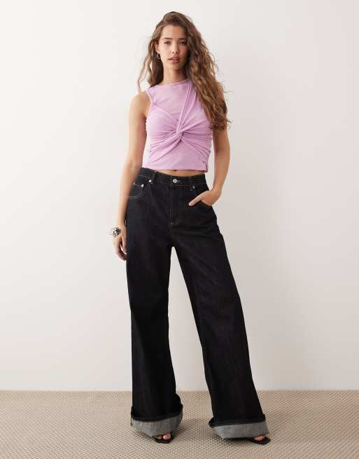 Miss Selfridge knot front mesh tank top in lilac, 2 of 4