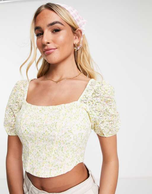Miss Selfridge – Kolorowy koronkowy top gorsetowy ze wzorem