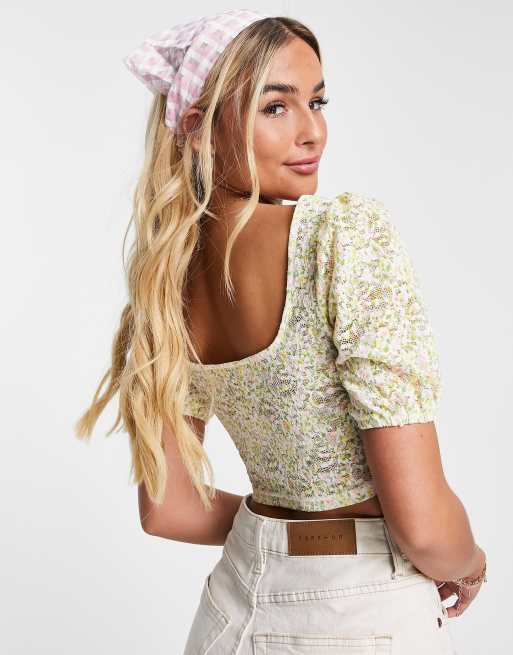 Miss Selfridge – Kolorowy koronkowy top gorsetowy ze wzorem, 4 z 4