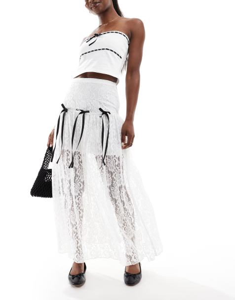 Miss Selfridge – Koronkowa warstwowa spódnica maxi w kolorze kości słoniowej z kokardkami - view 1