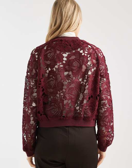 Miss Selfridge – Körsbärsröd bomberjacka i spets, 4 av 4