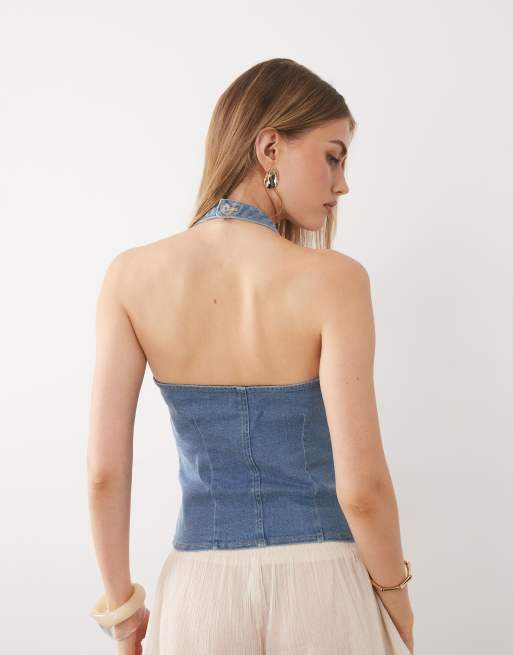 Miss Selfridge – Korsett-Jeansoberteil in mittlerer Waschung mit Spitzenborte, 4 von 4