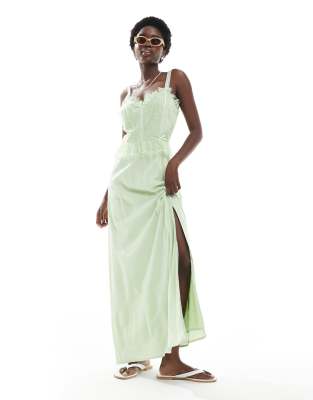 Miss Selfridge - Korsett-Maxikleid aus grob gewebter Baumwolle in Grün mit Schleifenbesatz