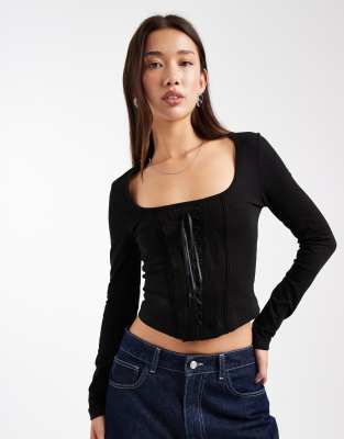 Miss Selfridge - Korsett-Oberteil mit U-Ausschnitt und Spitzenbesatz-Schwarz