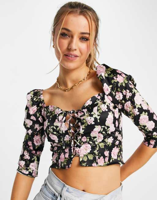 Miss Selfridge – Korsettoberteil mit Schnürung vorne und Blumenmuster, 3 von 4