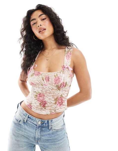 Miss Selfridge - Korsettop van kant met print, strikjes en bloemenprint in roze - view 1