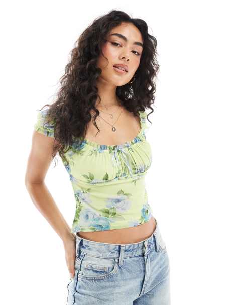 Miss Selfridge - Korsettop van mesh met kanten picotrand en bloemenprint in geel - view 1
