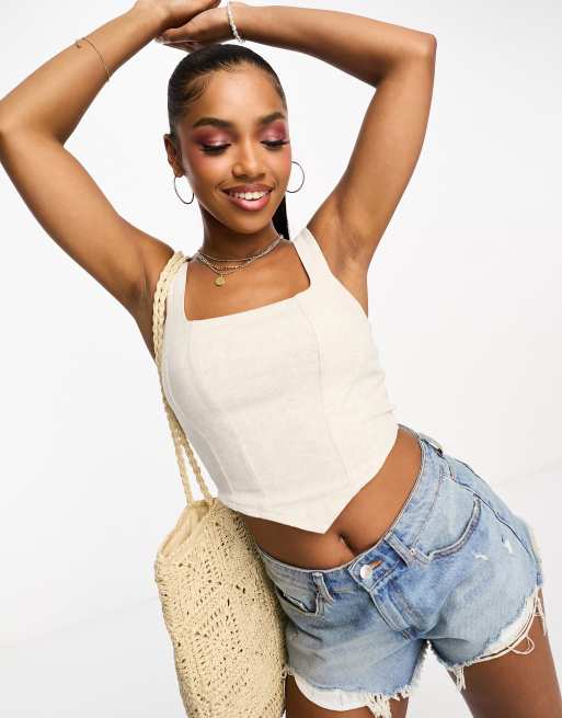 Miss Selfridge - Korsettop van slubstof van linnenmix in naturel