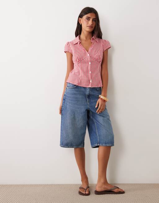 Miss Selfridge kortærmet figursyet skjorte i rød gingham-tern, 3 af 4