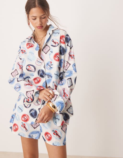 Miss Selfridge – Koszula oversize we wzór z motywami kurortu Hamptons, część zestawu