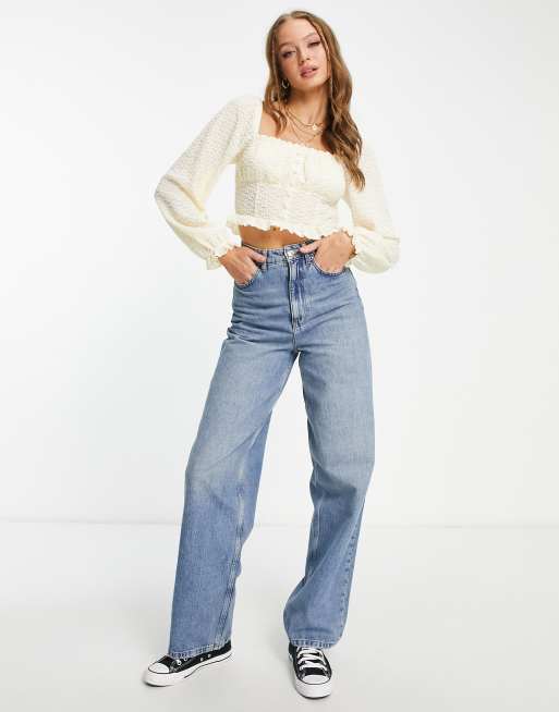 Miss Selfridge – Krämvit långärmad crop top med spetsknappar , 2 av 4