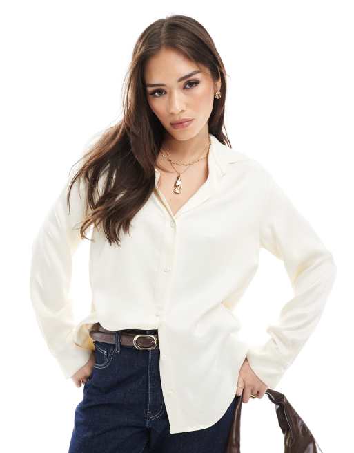 Miss Selfridge – Krämvit skjorta i oversize och satin med knäppning, 3 av 4