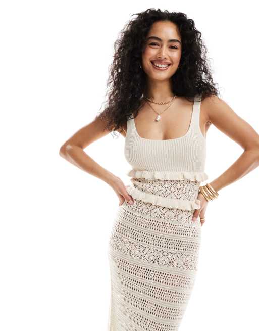 Miss Selfridge – Krämvit, virkad maxiklänning med volang, 2 av 4