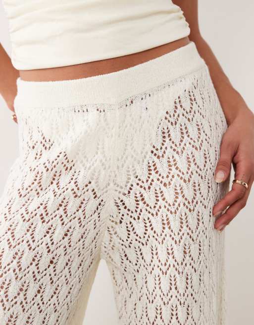 Miss Selfridge – Krämvita, virkade byxor med vida ben, 3 av 5