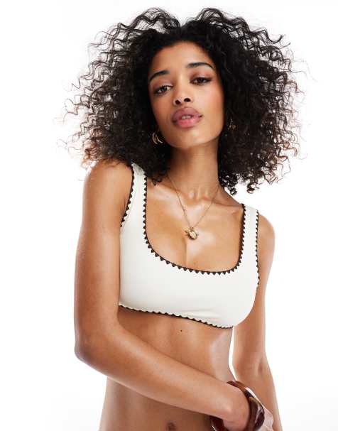 Miss Selfridge blanket stitch detail bikini top in cream with chocolate stitching 
