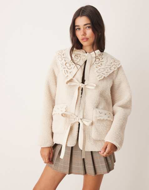 Miss Selfridge contrast collar borg tie detail jacket in cream