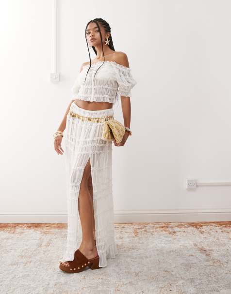 Miss Selfridge beach sheer shirred maxi skirt in cream