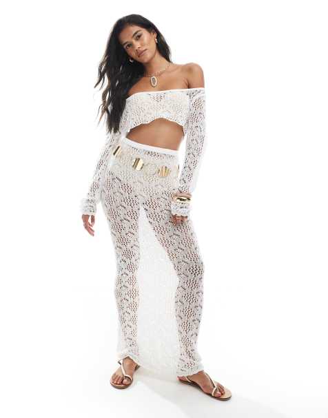 Miss Selfridge beach crochet maxi skirt in cream