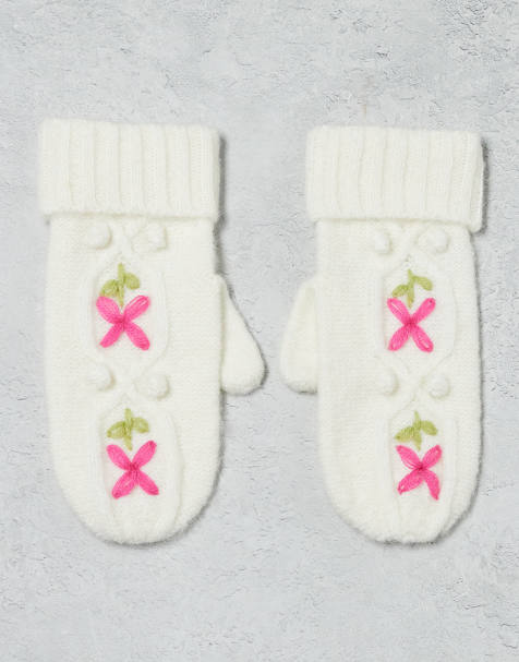 Miss Selfridge – Kremowe dzianinowe rękawiczki o warkoczowym splocie z haftowanym wzorem - view 1