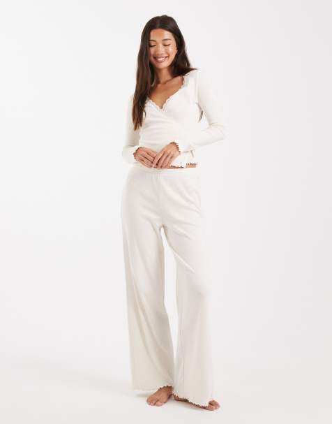 Miss Selfridge – Kremowe spodnie z szerokimi nogawkami z dzianiny pointelle - view 1