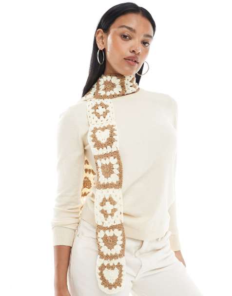 Miss Selfridge crochet skinny scarf in cream and taupe