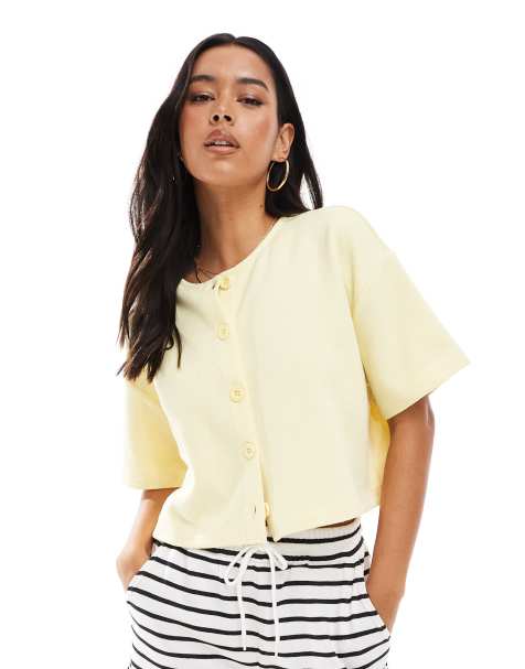 Miss Selfridge ribbed button up short sleeve cardigan co ord in butter yellow