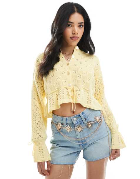 Miss Selfridge knitted tie waist frill cardigan in buttermilk