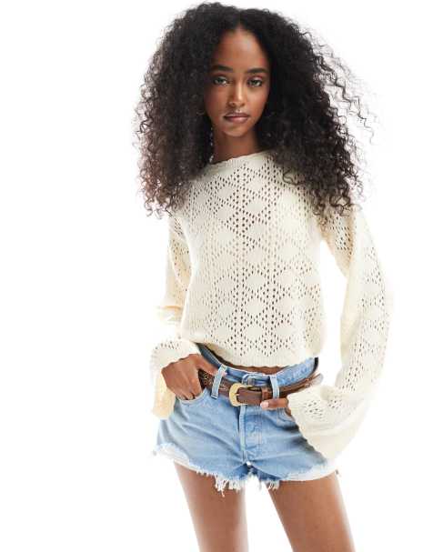 Miss Selfridge knitted pointelle flare sleeve top in cream