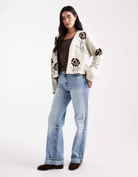 Miss Selfridge – Kremowy kardigan bez zapięcia z czekoladowym obszyciem i wzorem w kwiaty - view 1