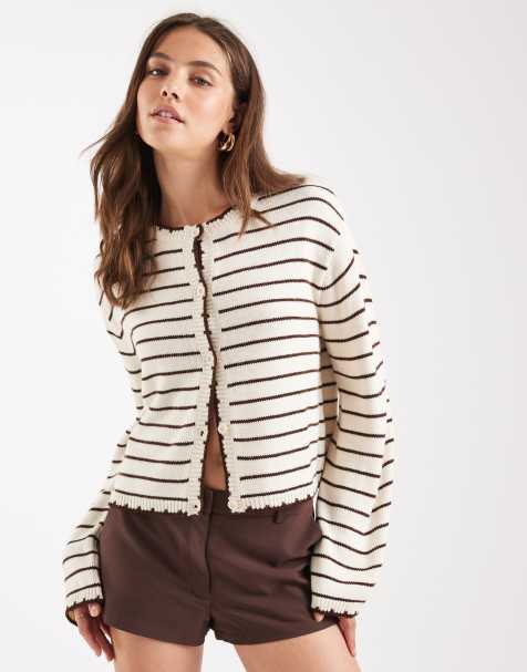 Miss Selfridge – Kremowy kardigan w paski z obszyciem - view 1
